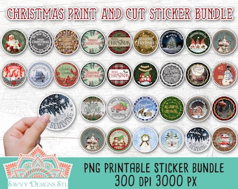 Christmas Round Print and Cut Sticker Bundle 30 Designs, Christmas Stickers, Printable Stickers, Packaging Stickers