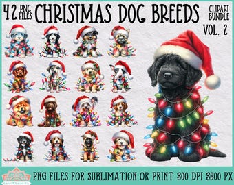Könnte beinhalten: Ein digitales Clipart-Paket mit 42 Weihnachts-Hunderassen. Jeder Hund trägt einen Weihnachtsmann-Hut und ist von bunten Weihnachtslichtern umgeben. Die Hunde sind alle verschiedenen Rassen und Größen. Der Text "42 PNG FILES" und "CHRISTMAS DOG BREEDS" befindet sich oben im Bild. Der Text "CLIPART BUNDLE VOL. 2" befindet sich oben rechts im Bild. Der Text "PNG FILES FOR SUBLIMATION OR PRINT 300 DPI 3600 PX" befindet sich unten im Bild.