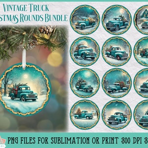 Vintage Teal Truck Christmas Rounds Bundle do sublimacji lub drukowania, świąteczna sublimacja, Vintage Christmas Bundle, ozdoby świąteczne PNG
