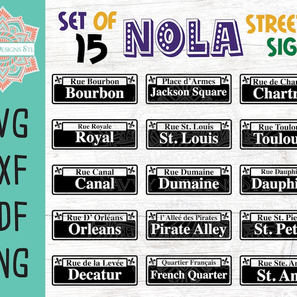 NOLA Street Sign Cut File Bundle for Silhouette and Cricut, INSTANT DOWNLOAD Mardi Gras svg, Fat Tuesday svg