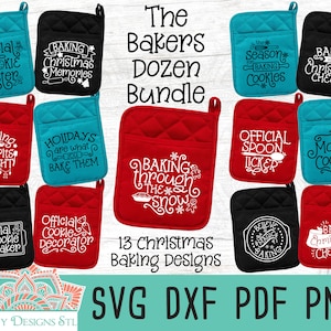 May include: A set of 12 Christmas-themed oven mitts with various baking-related designs and sayings. The mitts are red, black, and blue with white text. The text includes phrases like "Baking Christmas Memories", "Official Cookie Master", "Baking Through The Snow", and "Eat More Cookies".