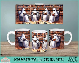 Puede incluir: Tres figuras de fantasmas blancos leyendo libros en un entorno de biblioteca. Los fantasmas están sentados en sillones con libros en sus manos. La imagen es un diseño para una envoltura de taza para tazas de 11oz y 15oz.  MUG WRAPS FOR 11oz AND 15oz MUGS 85"x3.5" 9.75"x4.75"