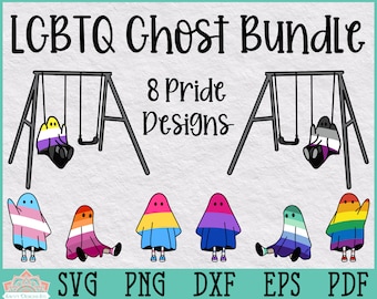 May include: A digital download bundle of 8 LGBTQ+ pride flag ghost designs. The ghosts are on a swing set and individually. The designs are available in SVG, PNG, DXF, EPS, and PDF formats.