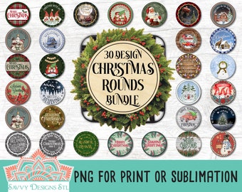 May include: A set of 30 digital designs featuring Christmas themed round images. The designs are perfect for creating custom crafts, such as ornaments, signs, and other festive decorations. The designs are in PNG format and are ready to print or use for sublimation.