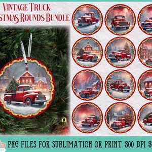 Vintage Red Truck Christmas Rounds Bundle for Sublimation or Print, Holiday Sublimation, Vintage Christmas Bundle, Christmas Ornaments PNG