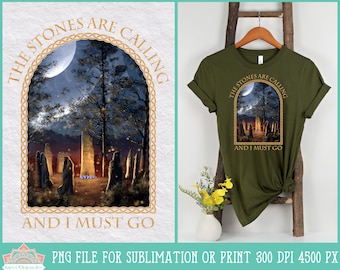 May include: A green t-shirt with a graphic of a stone circle under a crescent moon and the text "The Stones Are Calling And I Must Go".