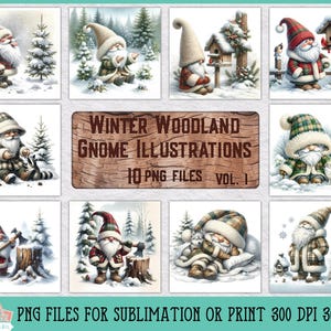 Lot d'illustrations hiver gnome des bois pour sublimation ou impression, clipart Noël, décoration de Noël, sous-verres de vacances