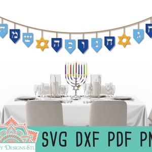 Hébreu Hanukkah Banner SVG Cut File for Silhouette and Cricut, Chag Chanukkah Sameach, Dreidel SVG, Hanukkah Printable Banner