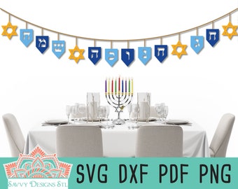 Hebrew Hanukkah Banner SVG Cut File for Silhouette and Cricut, Chag Chanukkah Sameach, Dreidel SVG, Hanukkah Printable Banner