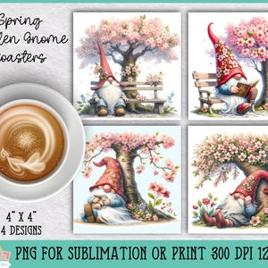 Spring Garden Gnome Coasters Bundle for Sublimation or Print, Floral Coasters, Gnome Coasters, Sublimation Bundle, 4x4 Coasters
