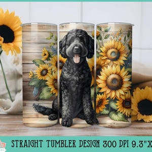 Schwarze Labradoodle 20 Unze Straight Skinny Tumbler Sublimationsdatei, rustikaler Sonnenblumenholz Hintergrund