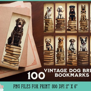 Puede incluir: 100 marcapáginas vintage de razas de perros. Cada marcapáginas presenta una raza de perro diferente sentada en una pila de libros. Los marcapáginas miden 5,1 cm por 15,2 cm y tienen una resolución de 300 DPI.