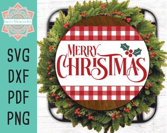 Red Gingham Merry Christmas Cut File for Silhouette and Cricut, Holiday SVG, Christmas Round SVG Design
