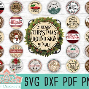 Zestaw drewnianych okrągłych znaków świątecznych Plik do cięcia dla Silhouette i Cricut, Holiday SVG, projekt Christmas Round SVG