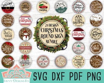 May include: A set of 24 round Christmas sign designs featuring various festive themes and sayings. The designs include "Merry Christmas", "Let it Snow", "Happy Holidays", "Seasons Greetings", and more. The signs are perfect for crafting and decorating for the holiday season.