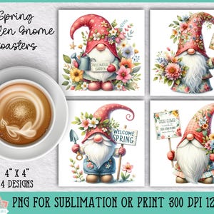 Spring Garden Gnome Coasters Bundle for Sublimation or Print, Floral Coasters, Gnome Coasters, Sublimation Bundle, 4x4 Coasters