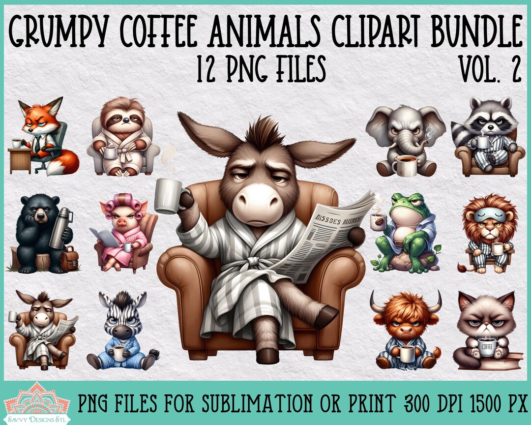 Grumpy Coffee Animals Clipart Bundle Vol 2 for Sublimation or Print ...