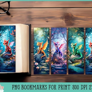 May include: Set of five printable bookmarks featuring colorful dragons in a fantasy forest setting. Each bookmark is 2 inches wide by 6 inches tall and 300 DPI.