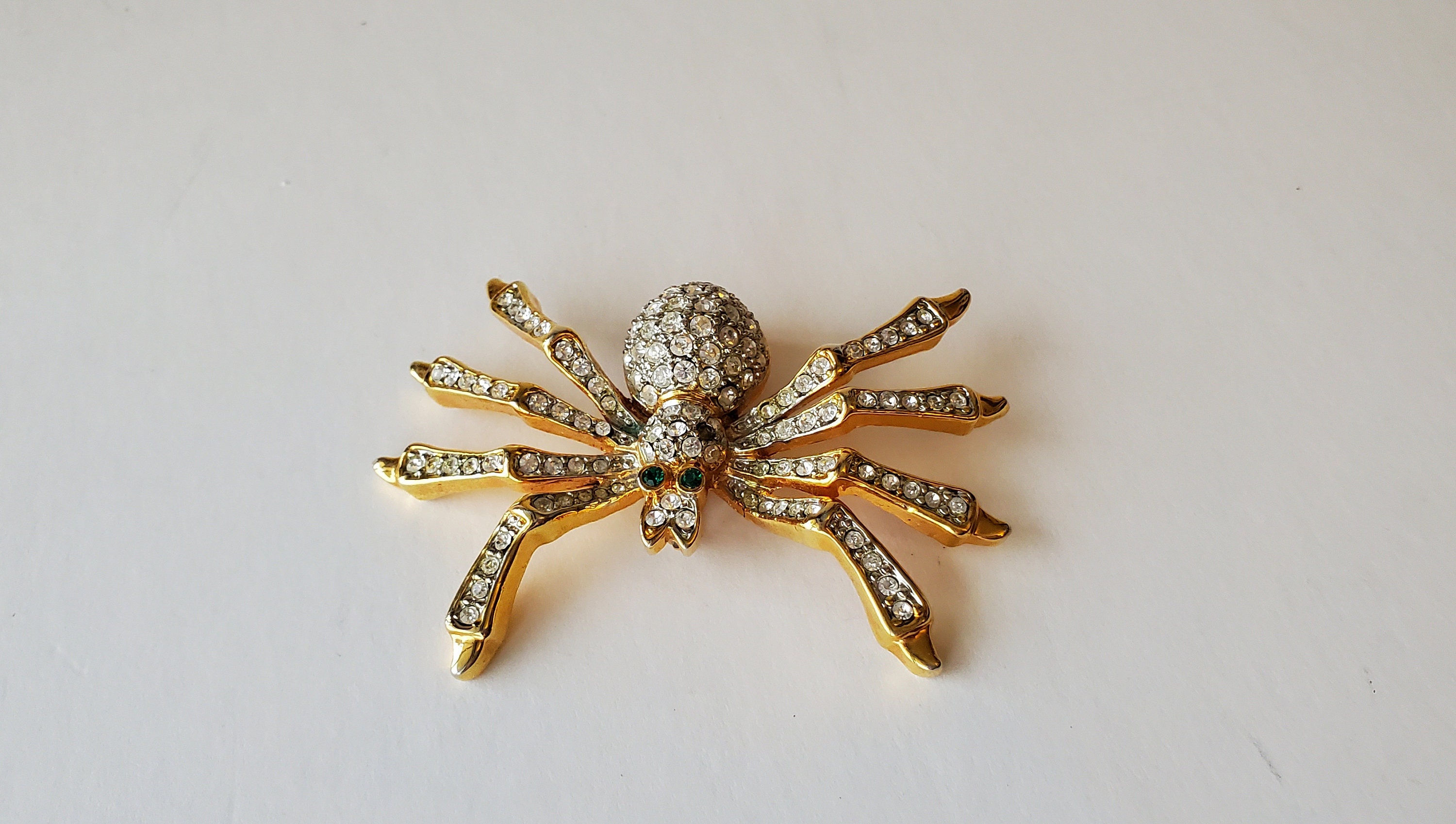 Vintage Large Rhinestone Spider Brooch Pin with Green Eyes – Hers and His  Treasures