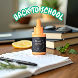 Può includere: Un flacone contagocce arancione con un'etichetta nera con la scritta "TRAKE WAXING MOON" è appoggiato su un quaderno. Le parole "BACK TO SCHOOL" sono in un font a bolle verde e bianco sopra il flacone. Una fetta di limone e dei libri sono sullo sfondo.