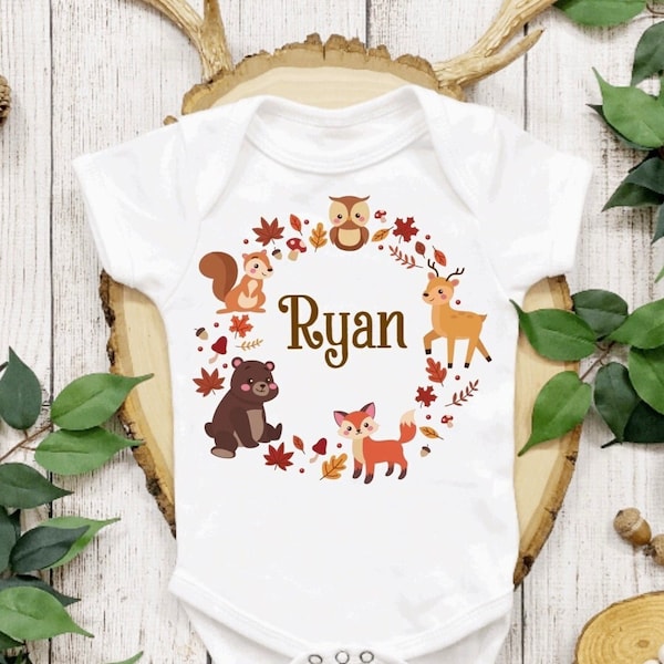 Shor or Long Sleeved Woodland Creatures Personalized Name Baby Onesie®