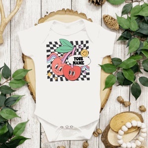 Retro Cherry Personalized Name Gerber Baby Onesie, Two cherries custom baby bodysyuit