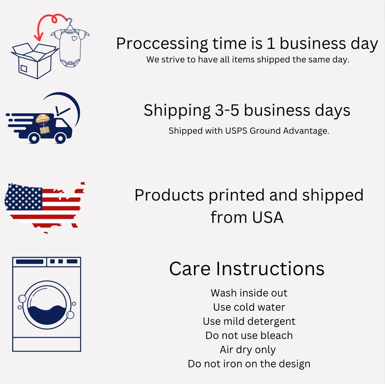 May include: Illustration of a package being shipped, a truck delivering a package, a map of the United States, and a washing machine with care instructions. The text reads "Processing time is 1 business day. We strive to have all items shipped the same day. Shipping 3-5 business days. Shipped with USPS Ground Advantage. Products printed and shipped from USA. Care Instructions: Wash inside out. Use cold water. Use mild detergent. Do not use bleach. Air dry only. Do not iron on the design."
