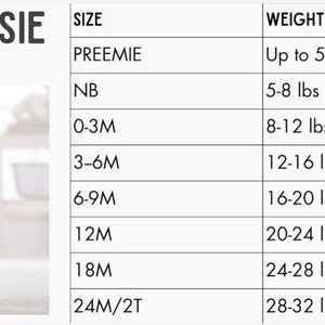 May include: A size chart for Gerber onesies, made of 100% super soft cotton, showing the size, weight, and length of each onesie. The chart includes sizes from preemie to 24 months/2T.