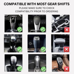 May include: Nine different car gear shift knobs, some with check marks and some with X marks. The image shows which gear shift knobs are compatible with the product.