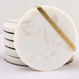 Marble Coasters for Drinks - Set of 6 Handcrafted Modern Coasters - 4 Inch Wide Drink Coasters - White Marble Coasters with Gold Brass Inlay