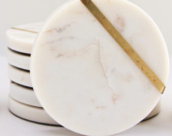 Marble Coasters for Drinks - Set of 6 Handcrafted Modern Coasters - 4 Inch Wide Drink Coasters - White Marble Coasters with Gold Brass Inlay