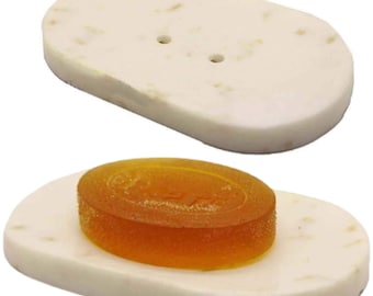 Jabonera de mármol con drenaje, jabón para ducha de baño, soporte para barra de jabón, estuche para jabón, soporte para esponjas, jabón de manos - Ovalado sólido pulido blanco.