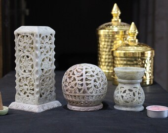 Porta incienso de mármol / Quemador de velas aromáticas / Porta velas de té. Talla de esteatita hecha a mano para la decoración del hogar. Combinación perfecta para regalar.