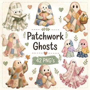 May include: A collection of digital illustrations featuring patchwork ghosts with various autumn-themed accessories, including a book, pumpkin, basket of pears, and a mug. The text Patchwork Ghosts and 42 PNG's is centered among the ghost characters.