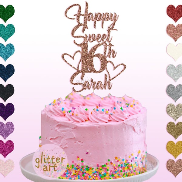 Personalisierter Glitzer-Kuchenaufsatz „Happy Sweet 16. Geburtstag Sarah Sechzehn“, Herz, Liebe, Schwester, Bruder, Roségold, Party, beliebiger Name, Text und Alter