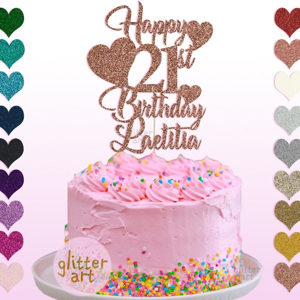 Personalised Custom Glitter Cake Topper Happy 21st Birthday Laetitia Twenty-one Hearts Man Woman Any Name Any text