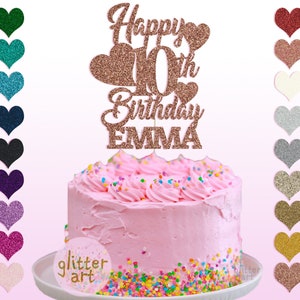 Personalised Custom Glitter Cake Topper Happy 10th Birthday Emma Ten Girl Any Name Age