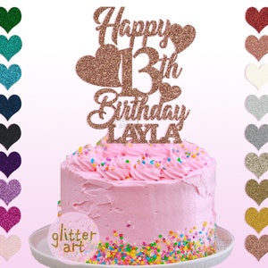 Personalised Custom Glitter Cake Topper Happy 13th Birthday Layla Thirteen Girl Boy Hearts Love Party 14 15 16 17 Any Name Any text Any Age