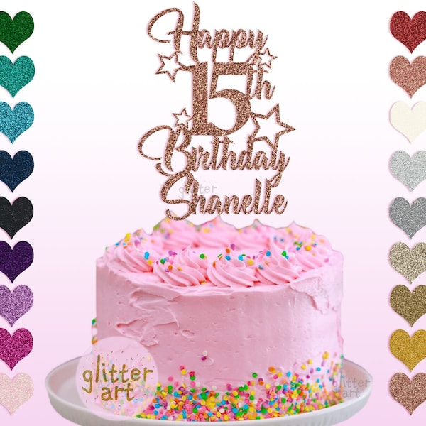 Décoration de gâteau personnalisée paillettes joyeux 15e anniversaire Shanelle quinze ans fille garçon étoiles fête or rose argent rouge n'importe quel nom texte âge