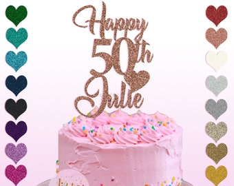 Personalised Happy 50th Birthday Glitter Cake Topper, Custom Decoration, Any Name & Age