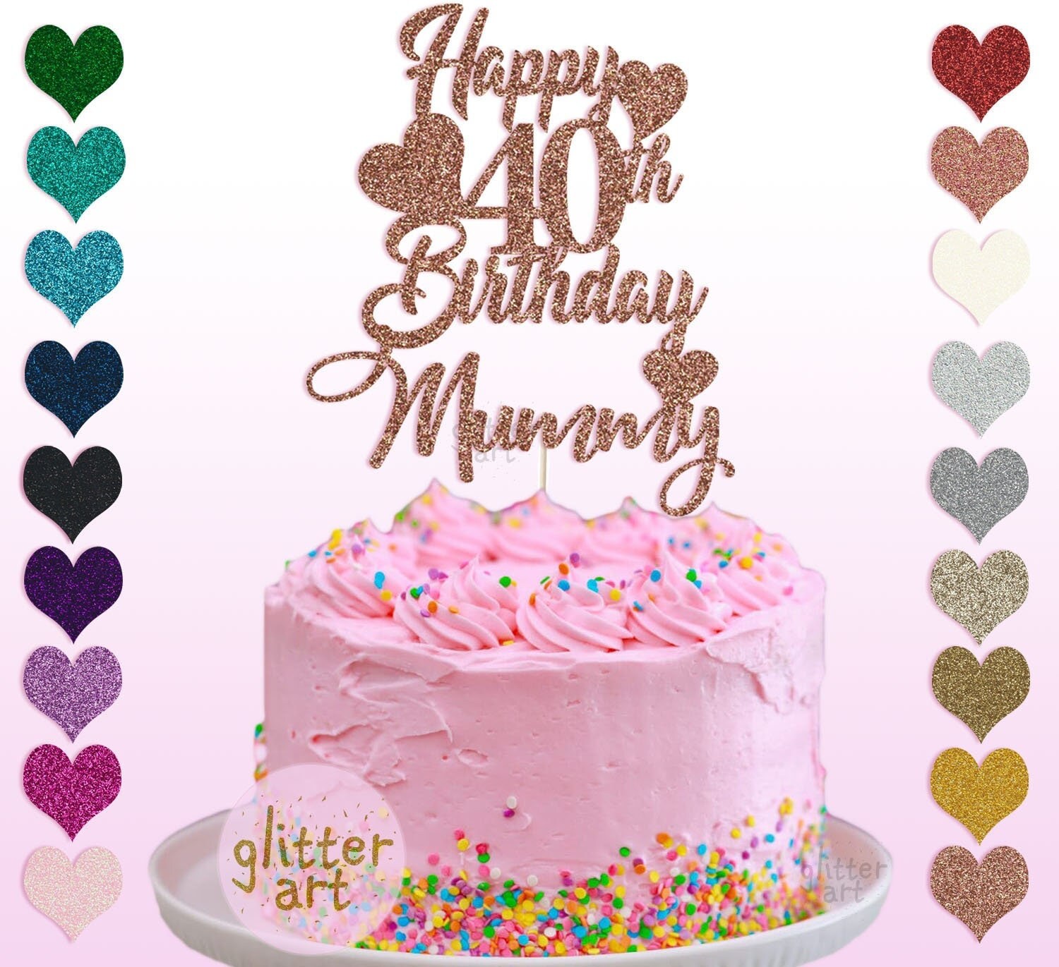 Glitzernder Cake Topper '40th Happy Birthday' – Rosegold, Wiederverwendbar