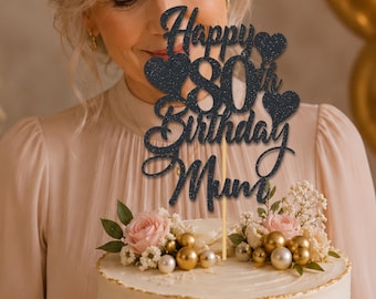 Personalised Happy 80th Birthday Mum Glitter Cake Topper, 80, Grandma, Grandpa, Custom name & age