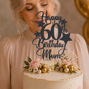 Personalised Happy 60th Birthday Mum Glitter Cake Topper, Custom decoration, Any Name & Age