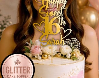 Personalised Happy Sweet 16th Birthday Glitter Cake Topper , Sixteen, 16, Custom name & age