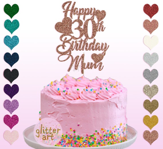 Topper per torta di compleanno con scritta Happy Birthday Mum su entrambi i lati, glitterato, decorazione per torte (rosa baby