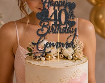Personalised Happy 40th Birthday Glitter Cake Topper , Forty, 40, Custom name & age