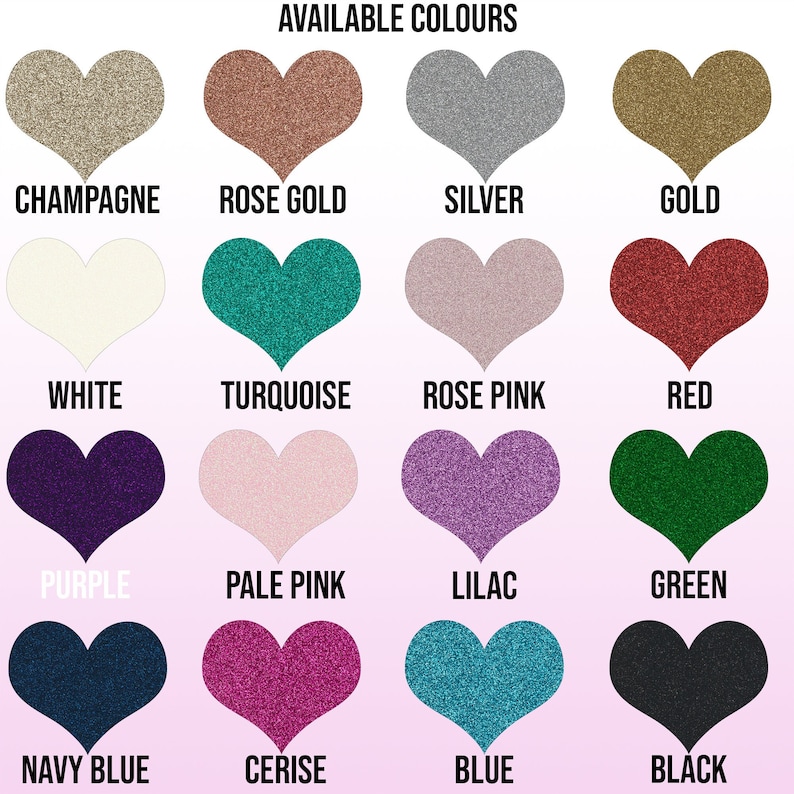Pu&ograve; includere: Una cartella con 16 campioni di colore a forma di cuore con glitter. I colori sono: Champagne, Oro rosa, Argento, Oro, Bianco, Turchese, Rosa chiaro, Rosso, Viola, Rosa pallido, Lilla, Verde, Blu navy, Ciliegia, Blu e Nero.
