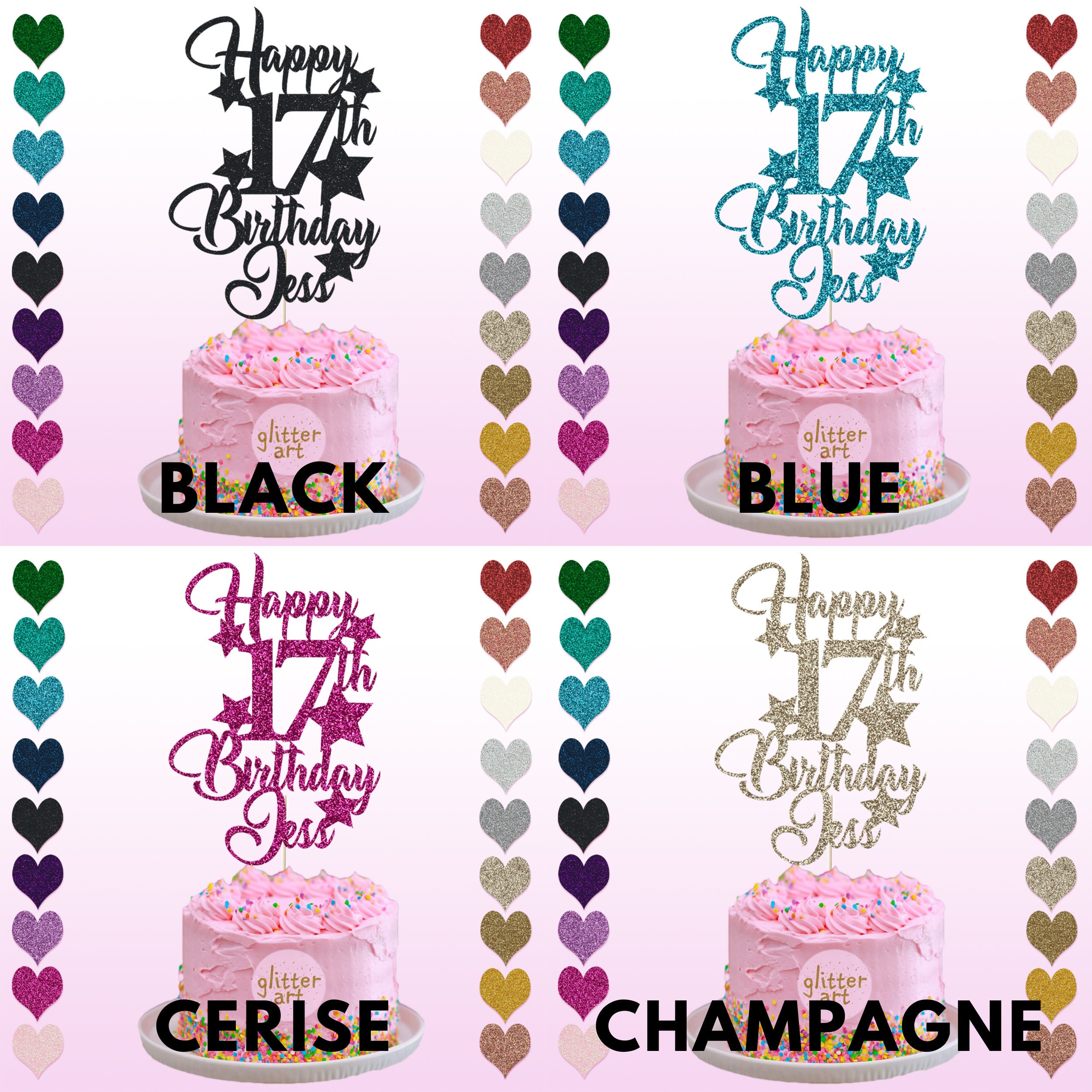Personalised Custom Glitter Cake Topper Happy 17th Birthday Jess Seventeen Girl Boy Glitter Stars 10 11 12 13 14 15 16 Any Name Any Text - Etsy