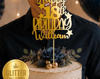 Personalised Happy 18th Birthday Cake Topper with Name, Custom Glitter 18 Cake Decoration, Birthday Party Decor