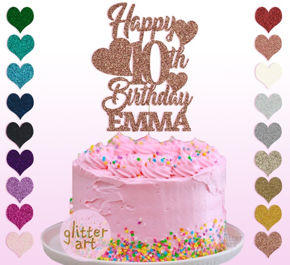 Personalised Custom Glitter Cake Topper Happy 10th Birthday Emma